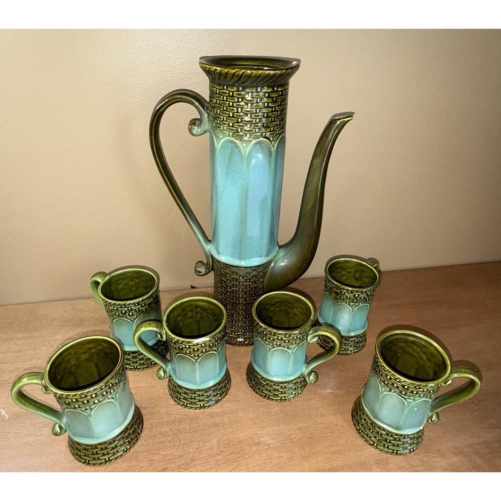 Vintage MCM Ceramic Pitcher and 6 Mug Set Turquoise Green Basketweave Texture